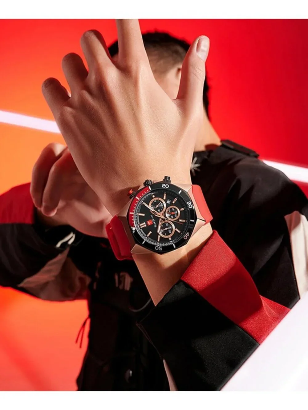 Men's Red Analog Quartz Silicone Strap Chronograph Waterproof Luxury Wrist Watch